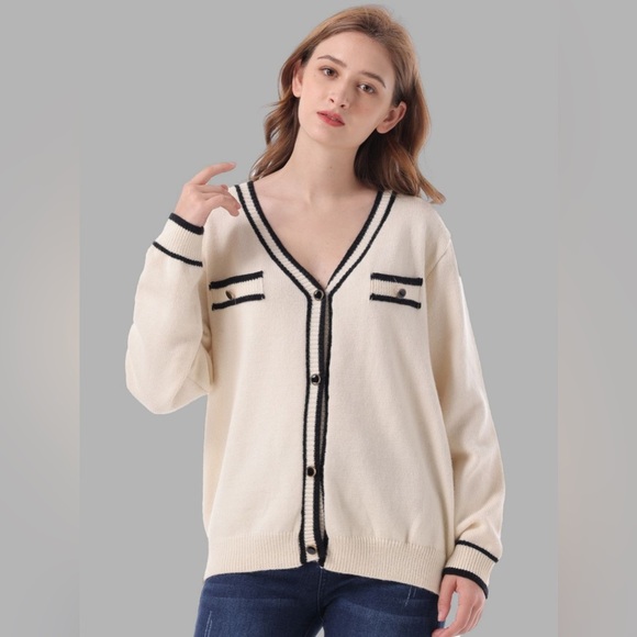 Contrast V-Neck Button Down Cardigan - Picture 1 of 4